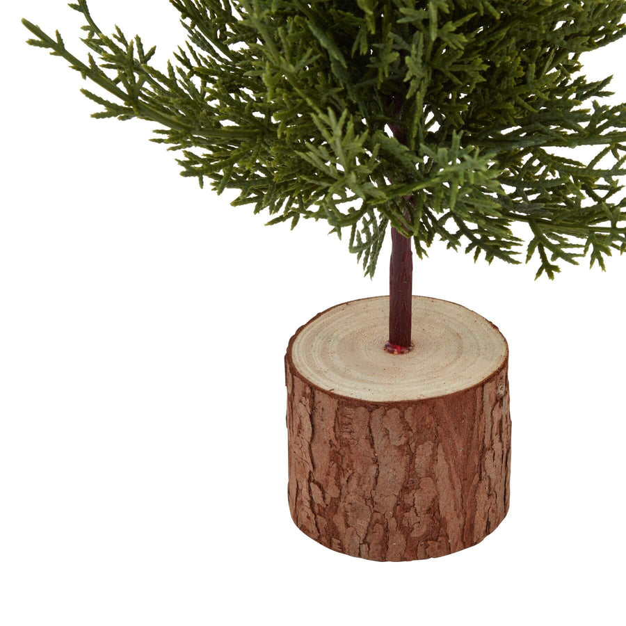 Miniature evergreen tree with lifelike fir needles on wood log base, rustic holiday decor centerpiece by Sostter at brixbailey.com