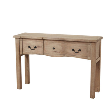 Copgrove 3-drawer console in bleached wood with black iron handles, French-inspired hardwood storage furniture for living space by Sostter at brixbailey.com