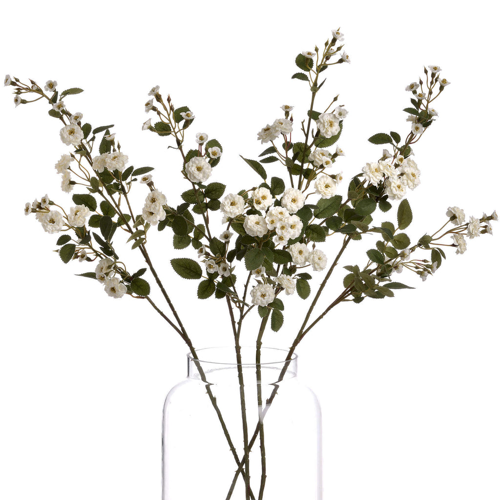 White wild meadow rose floral spray with lifelike plastic petals for minimalist home decor by Sostter at brixbailey.com