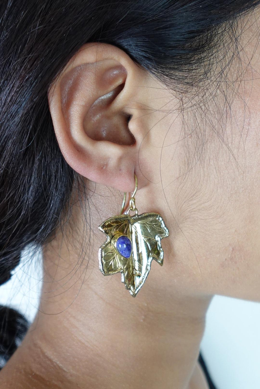 Brass Leaf Dangle Earrings - Nature-Inspired Brass Leaves with Blue Lapis/Labradorite Accents.