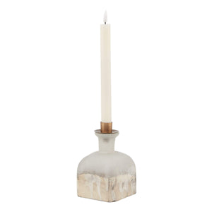 Burnished brass candle holder vase with glass base, warm grey metallic accents, vintage-inspired home decor piece by Sostter at brixbailey.com