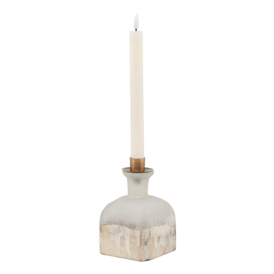 Burnished brass candle holder vase with glass base, warm grey metallic accents, vintage-inspired home decor piece by Sostter at brixbailey.com
