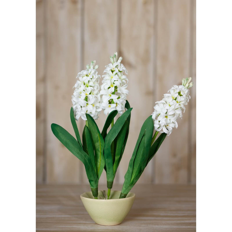White hyacinth faux stems with green leaves, lifelike plastic flowers for home decor, 44 cm tall by Sostter at brixbailey.com