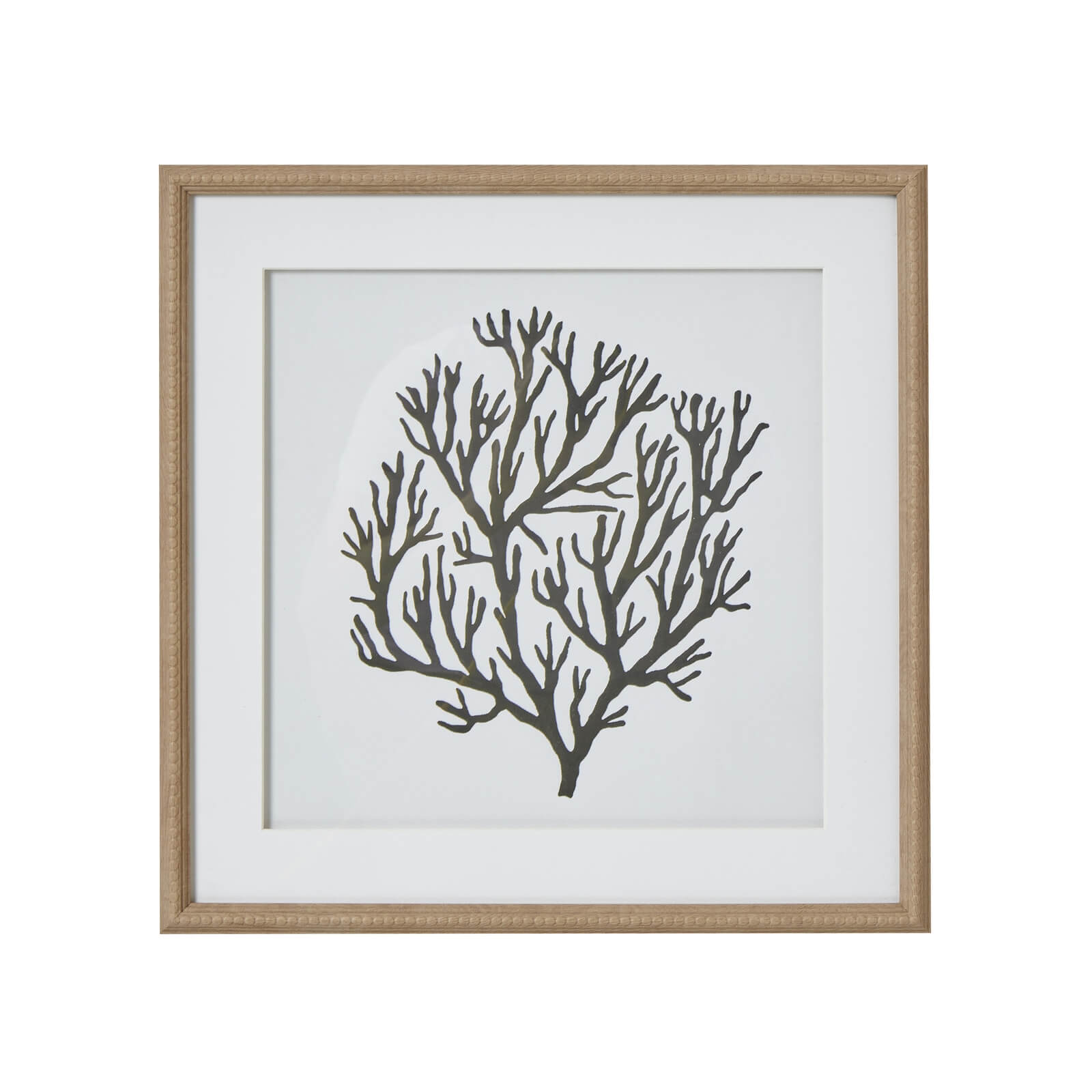 Handcrafted black coral artwork on white background in wooden frame, modern coastal wall decor by Sostter at brixbailey.com