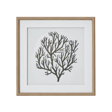 Handcrafted black coral artwork on white background in wooden frame, modern coastal wall decor by Sostter at brixbailey.com