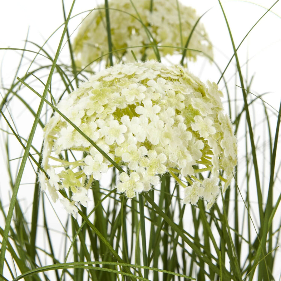 Lifelike faux white Allium plant in black pot, 120cm tall with spherical blooms, perfect for modern home decor by Sostter at brixbailey.com