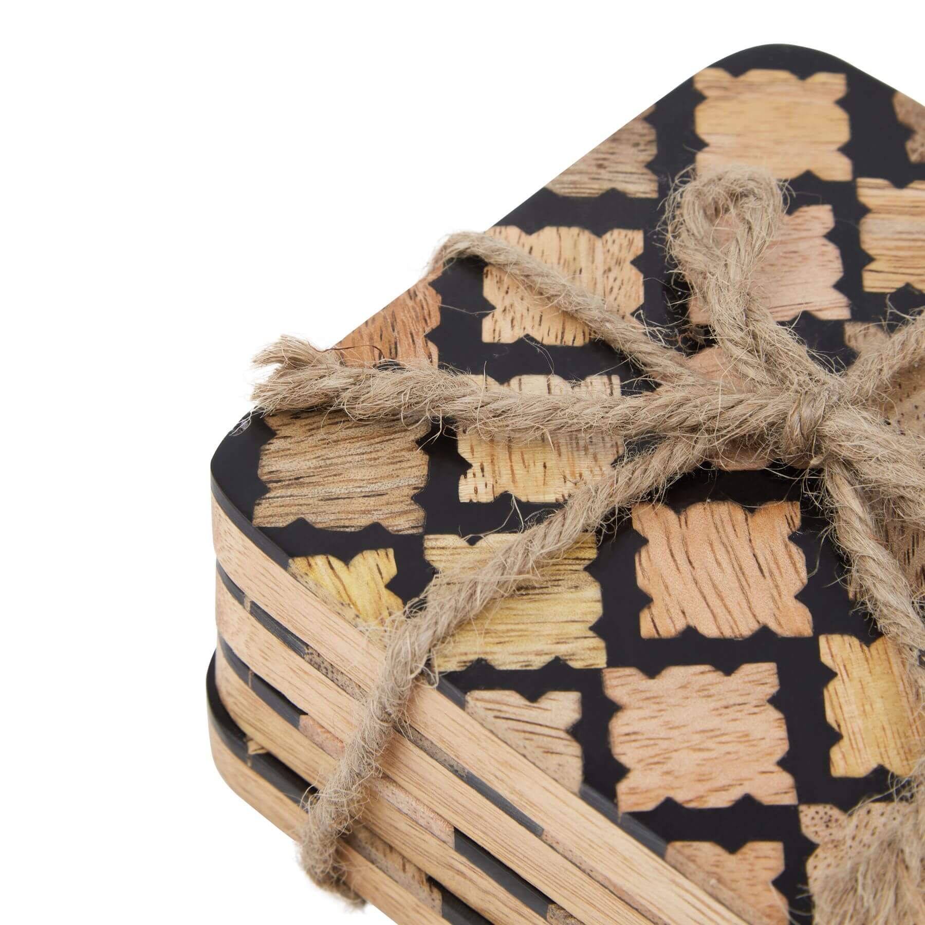 Black geometric coasters with wood-effect finish, set of 4, modern home decor by RoomLondon at brixbailey.com