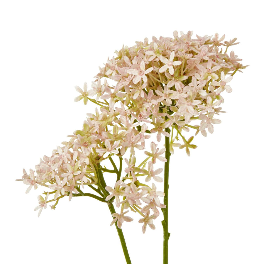Lifelike pink faux hydrangea stem with realistic petals and foliage, perfect for vases or floral arrangements by Sostter at brixbailey.com