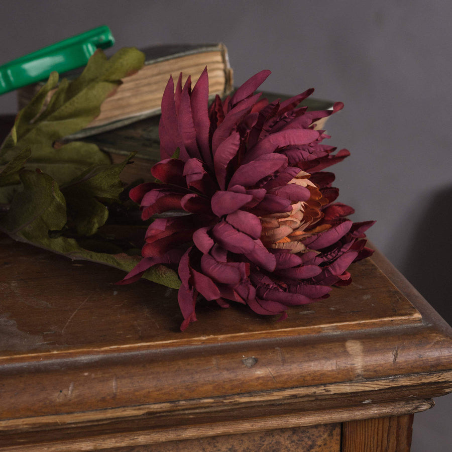 Artificial spider chrysanthemum with ombre purple petals, rust to burgundy, lifelike plastic floral decor for autumn arrangements by Sostter at brixbailey.com