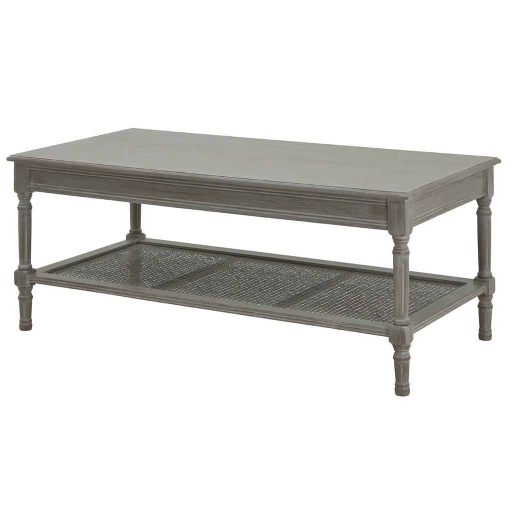 Handwoven rattan coffee table with grey finish, modern design, and wood frame, 120cm wide by Sostter at brixbailey.com