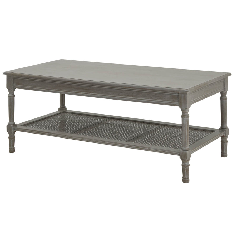 Handwoven rattan coffee table with grey finish, modern design, and wood frame, 120cm wide by Sostter at brixbailey.com