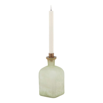 Smoked sage glass candle holder vase with aged brass detailing, elegant home decor centerpiece by Hill Interiors at brixbailey.com