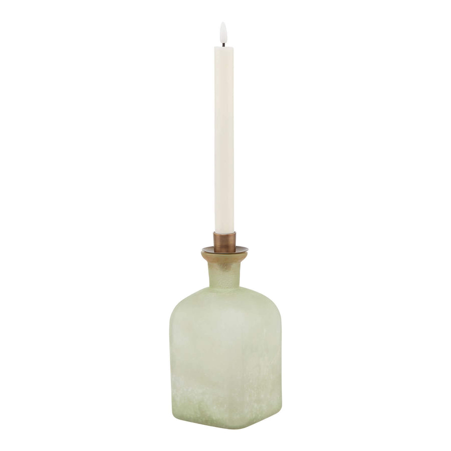 Smoked sage glass candle holder vase with aged brass detailing, elegant home decor centerpiece by Hill Interiors at brixbailey.com