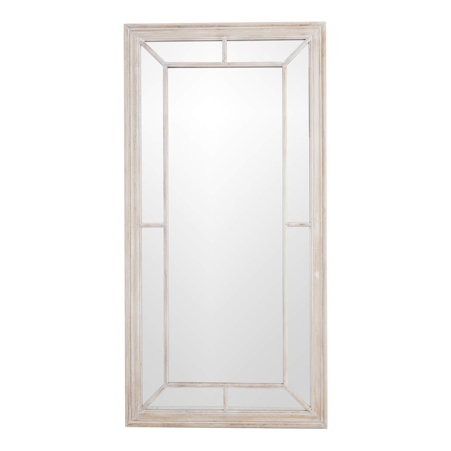 Distressed wood window mirror with multi-paned design, rustic brown frame, and weathered finish, 200cm x 100cm. by Sostter at brixbailey.com