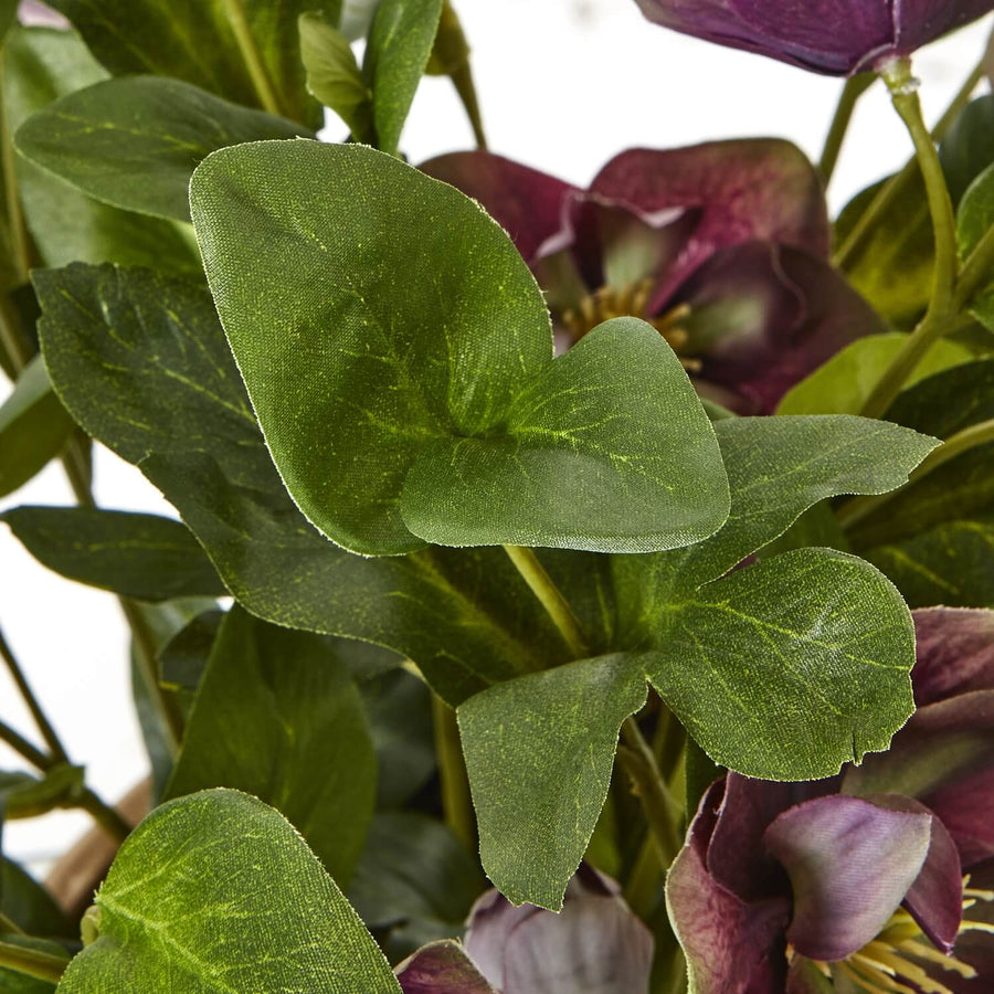 Lifelike plum faux hellebore in taupe ceramic pot, realistic plastic blooms and foliage for home decor. by Sostter at brixbailey.com