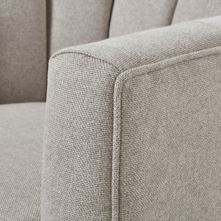 Lily swivel chair in oatmeal twill fabric with wood base, modern neutral-toned accent seating for living rooms by Sostter at brixbailey.com