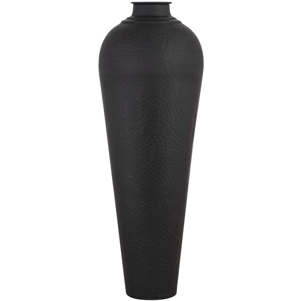 Large matte black hammered metal vase with textured surface and removable lid, 103cm tall modern decor centerpiece by Sostter at brixbailey.com