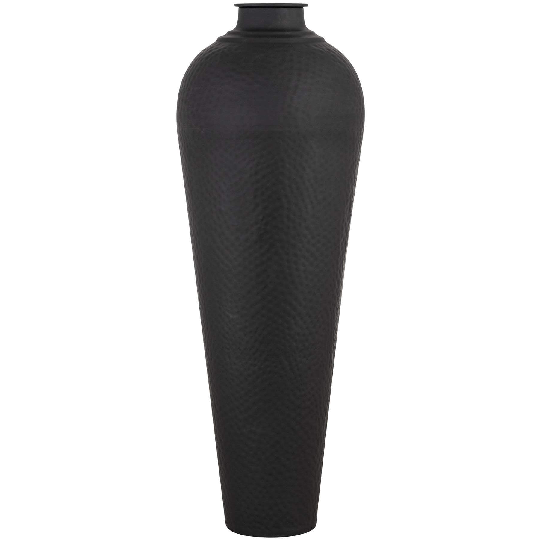 Large matte black hammered metal vase with textured surface and removable lid, 103cm tall modern decor centerpiece by Sostter at brixbailey.com