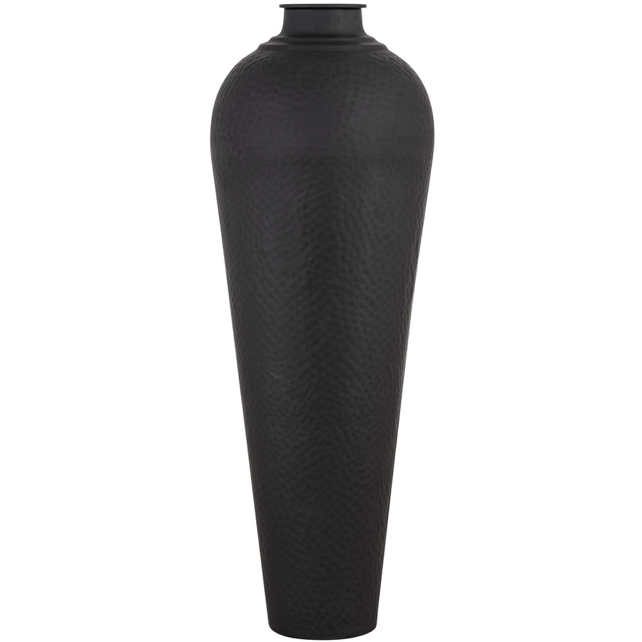 Large matte black hammered metal vase with textured surface and removable lid, 103cm tall modern decor centerpiece by Sostter at brixbailey.com