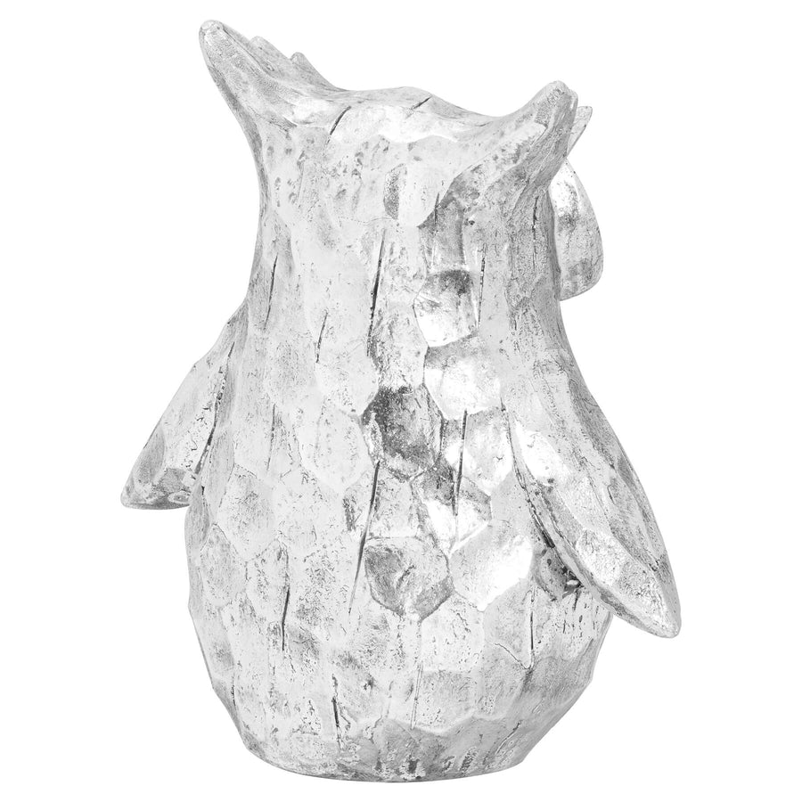 Handcrafted silver ceramic owl decor with textured feathers, 23cm tall, elegant centerpiece for shelves or mantels. by Sostter at brixbailey.com