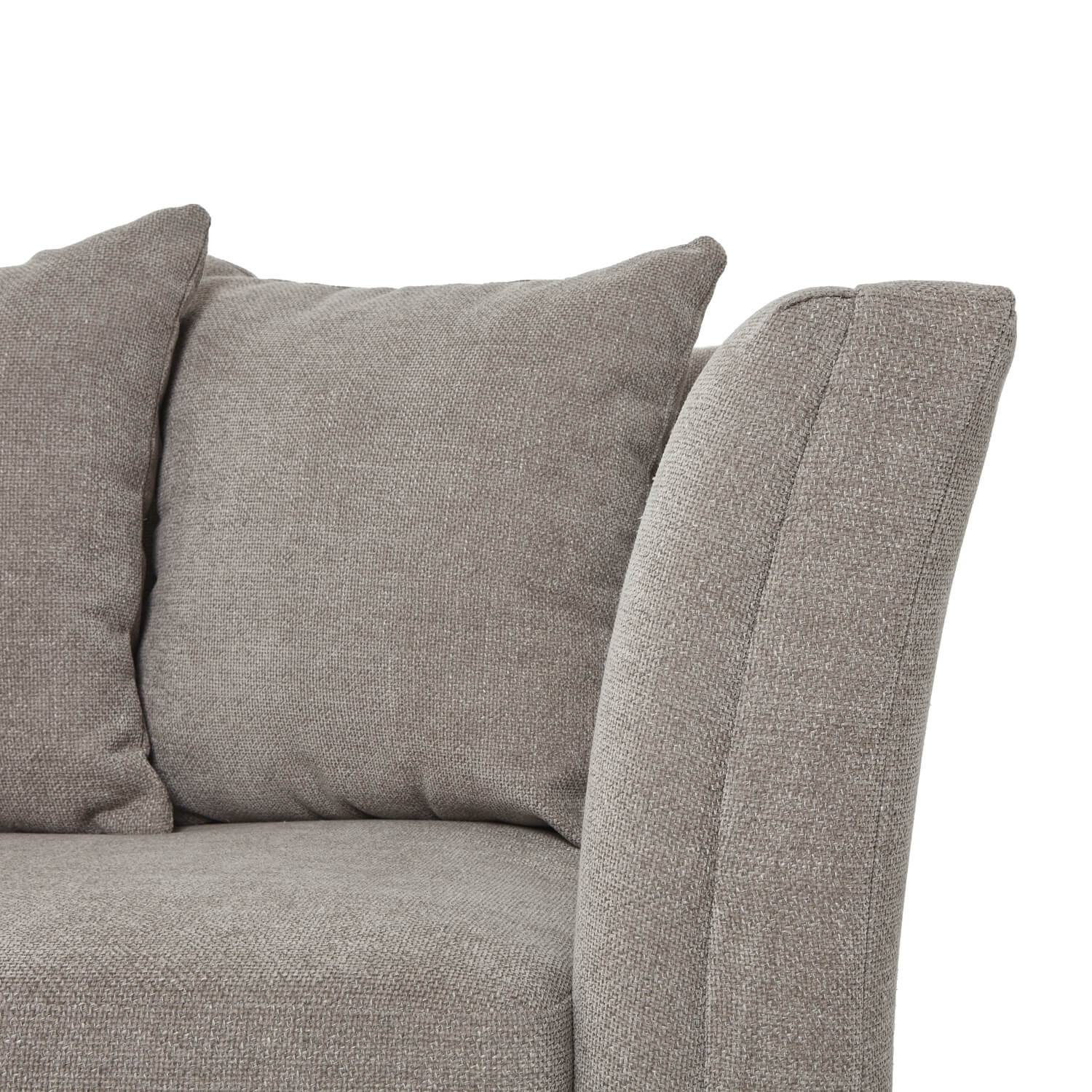 Vesper Taupe three-seater sofa with plush cushions, solid wood frame, and elegant neutral-toned upholstery by Sostter at brixbailey.com