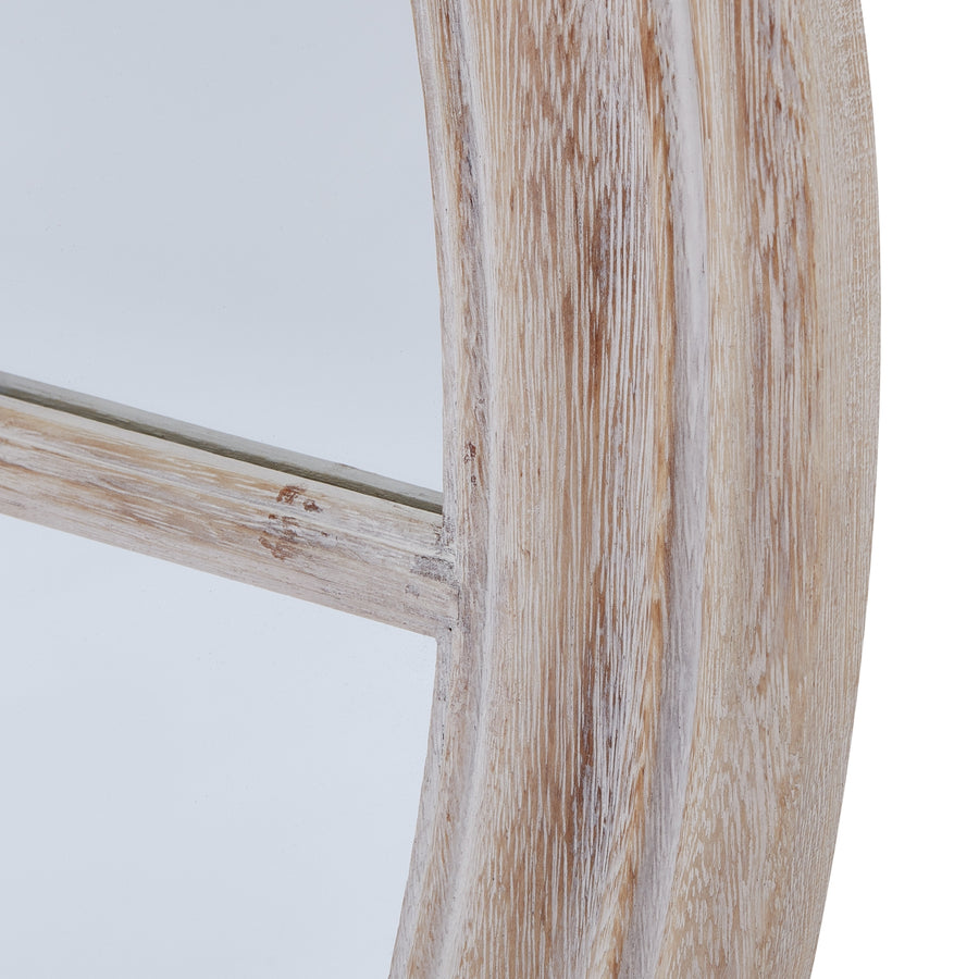 A stunning round mirror with a washed wood frame, perfect for coastal charm and traditional craftsmanship. Ideal for modern or rustic interiors, this piece combines beauty and functionality. Height 90 cm, Depth 6 cm, Width 90 cm, Color Brown, Made From Wood. by Hill Interiors at www.brixbailey.com