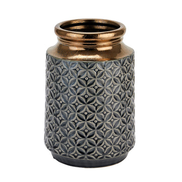 Handcrafted caramel ceramic squat vase with ancient Greek lebes silhouette, textured finish, and wide floral opening. by Sostter at brixbailey.com