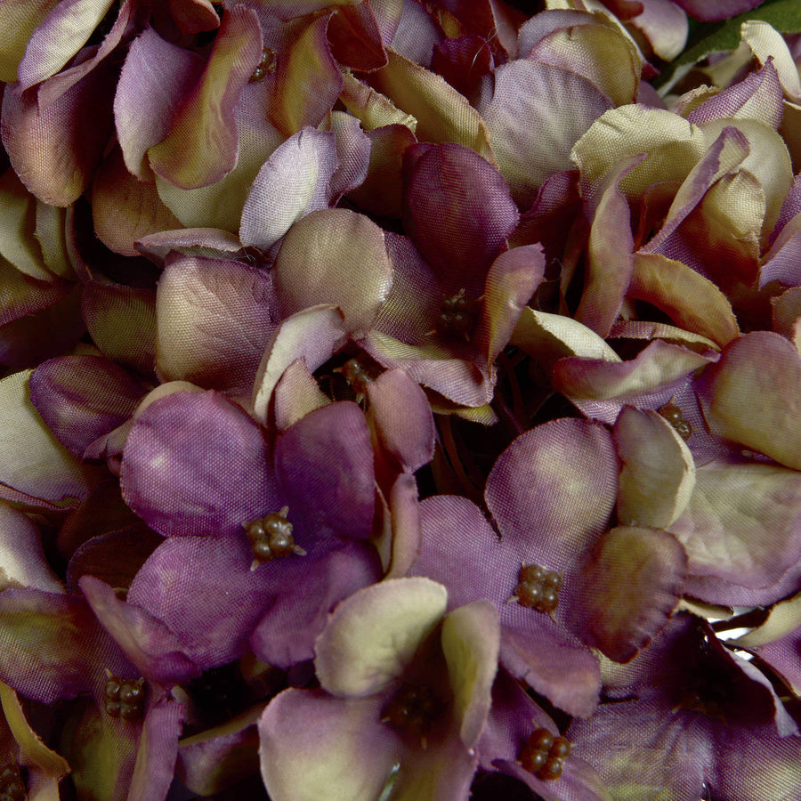Luxury artificial hydrangea stem with vibrant purple, burgundy, and green hyper-realistic blooms, 42cm height by Sostter at brixbailey.com