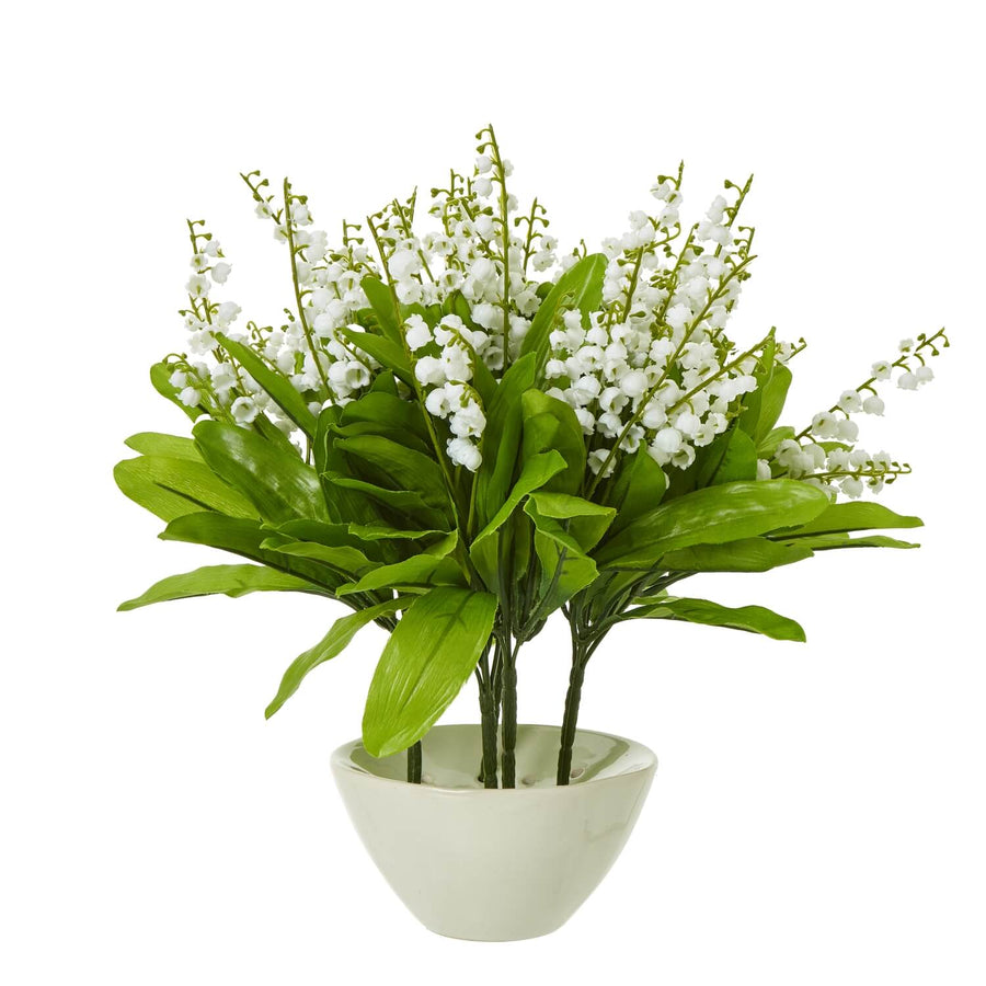 Lifelike white Lily of the Valley artificial flowers with green foliage in 32cm arrangement for home decor by Sostter at brixbailey.com