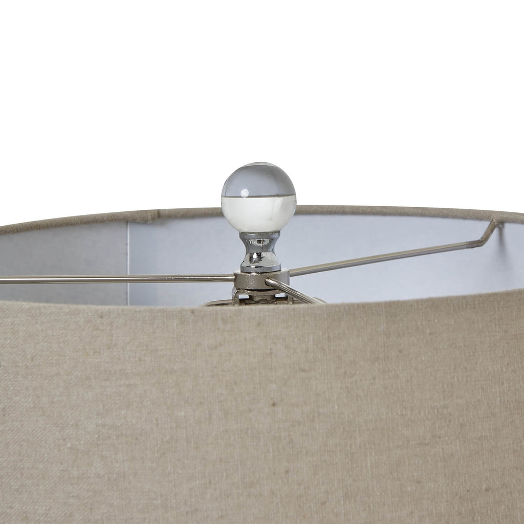 Grey ombre glass table lamp with linen shade, hand-blown base, and elegant gradient design for modern home decor. by Sostter at brixbailey.com