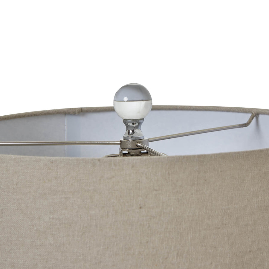 Grey ombre glass table lamp with linen shade, hand-blown base, and elegant gradient design for modern home decor. by Sostter at brixbailey.com