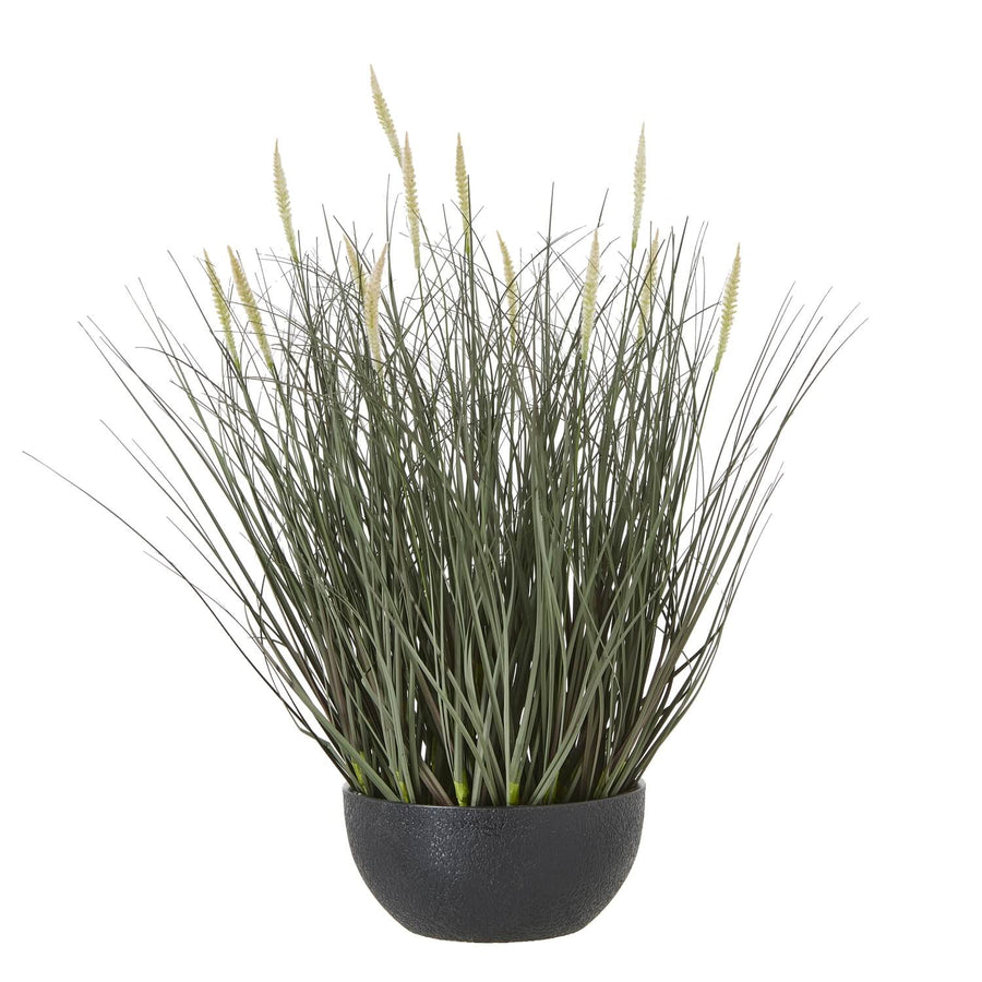 Lifelike faux fountain grass in natural green with feathery plumes, displayed in sleek black pot by Sostter at brixbailey.com