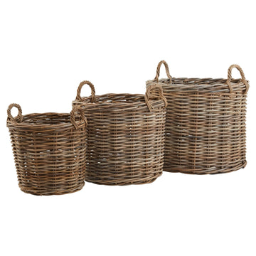 Set of 3 round Kubu rattan storage baskets with handles, natural brown wicker, sizes 70cm, 60cm, 49cm.by Sostter at brixbailey.com