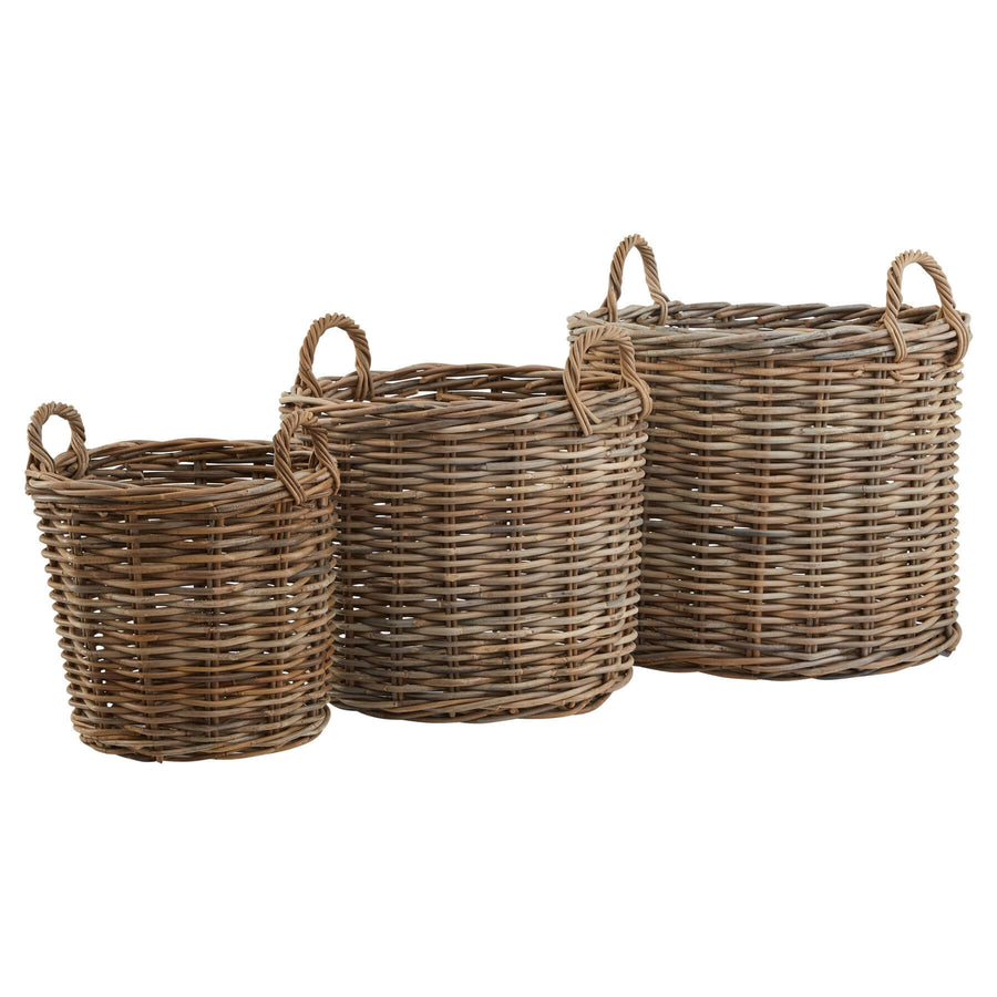 Set of 3 round Kubu rattan storage baskets with handles, natural brown wicker, sizes 70cm, 60cm, 49cm.by Sostter at brixbailey.com
