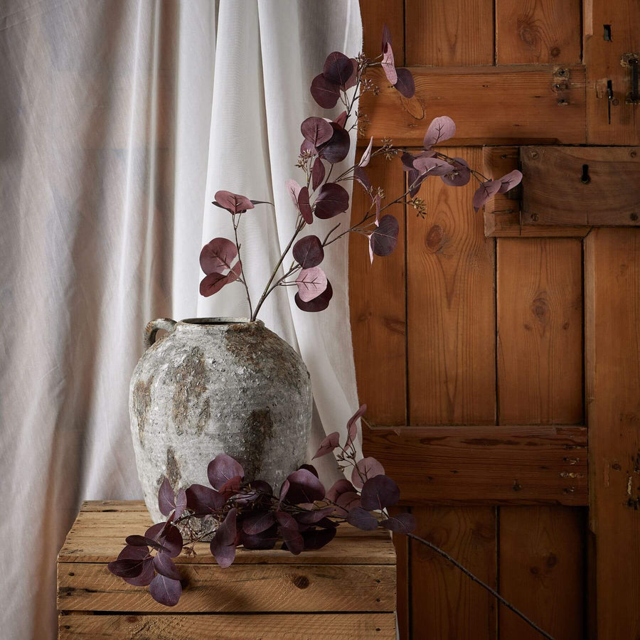 Burgundy berried eucalyptus stem with plastic berries and leaves, deep red faux foliage for seasonal decor by Sostter at brixbailey.com