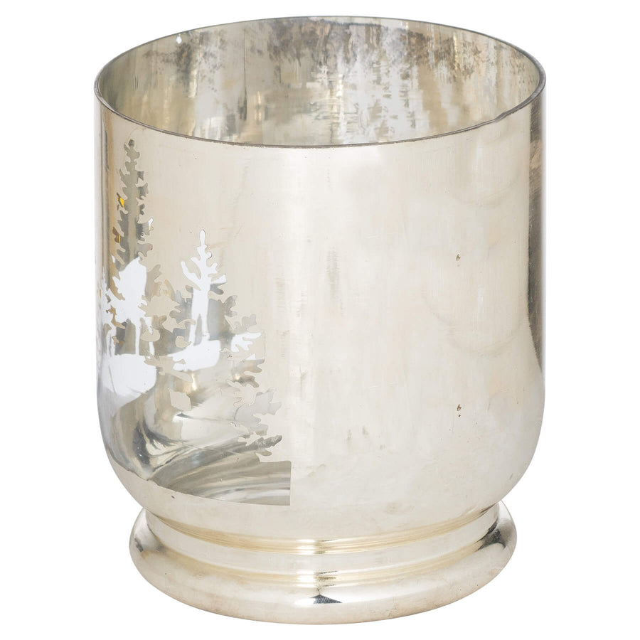 Handcrafted silver glass candle holder with tree motifs, 15cm tall, from Noel holiday collection by Hill Interiors at brixbailey.com