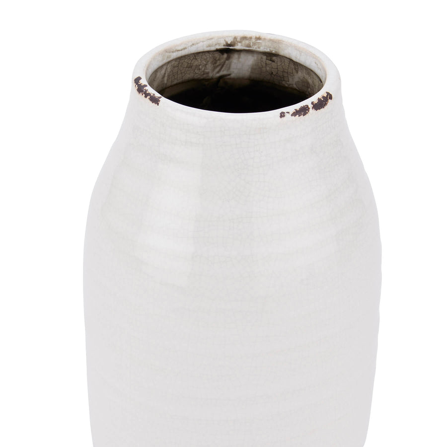 Handcrafted white ceramic vase with crackle-glaze texture, modern rustic design, 24cm tall, for floral arrangements or decor. by Sostter at brixbailey.com