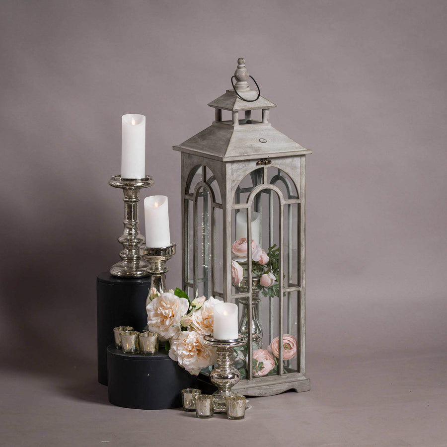 Set of three white-wash wooden lanterns with brass accents, rustic home decor for ambient lighting. by Sostter at brixbailey.com