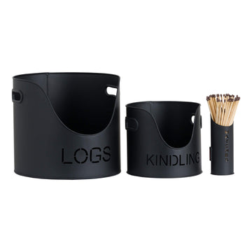 Black metal log and kindling bucket set with modern matte finish, perfect for fireplace storage by Sostter at brixbailey.com