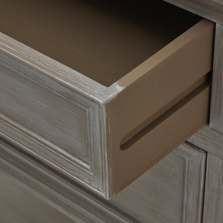 Grey solid wood Serene Console with four drawers, modern classic design for living rooms or entryways by Sostter at brixbailey.com