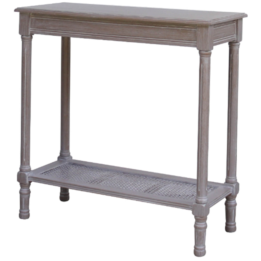 Handwoven rattan console table with tapered legs in soft grey finish, perfect for modern farmhouse or coastal decor. by Sostter at brixbailey.com