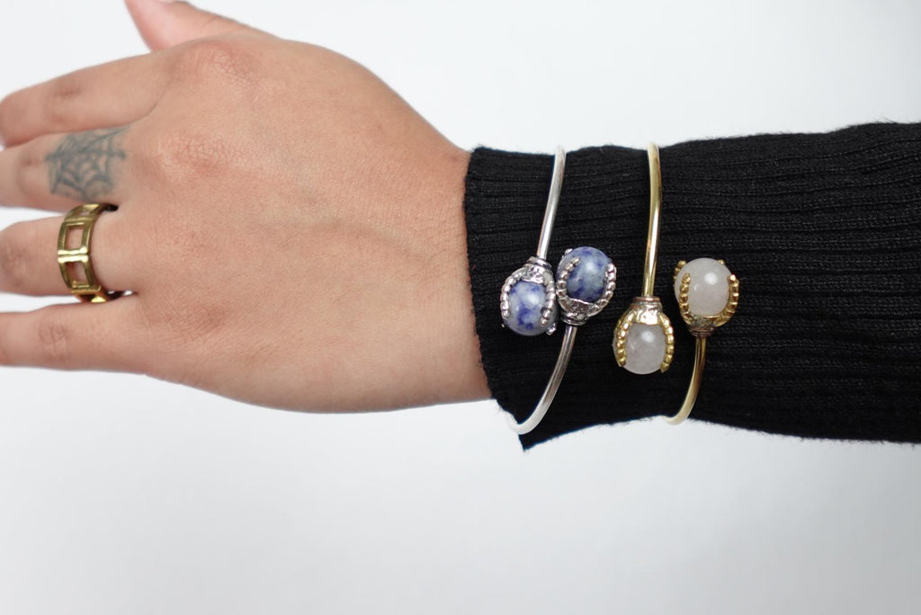 Gem Duo Adjustable Wire Bangles - Delicate wire bangles with paired gemstones—ethereal and stackable.