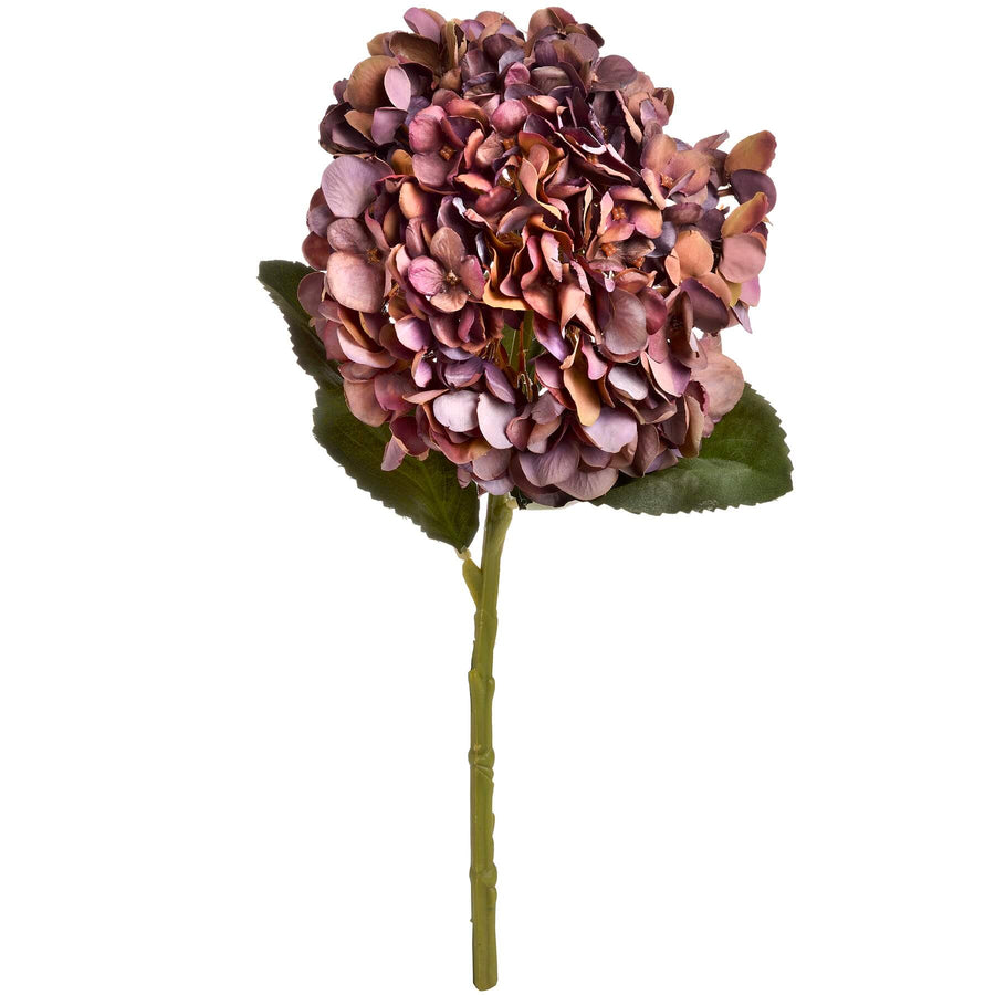 Hand-painted coffee-toned hydrangea stem with realistic petals, bendable wire for arrangements, 42cm height, fade-resistant by Sostter at brixbailey.com