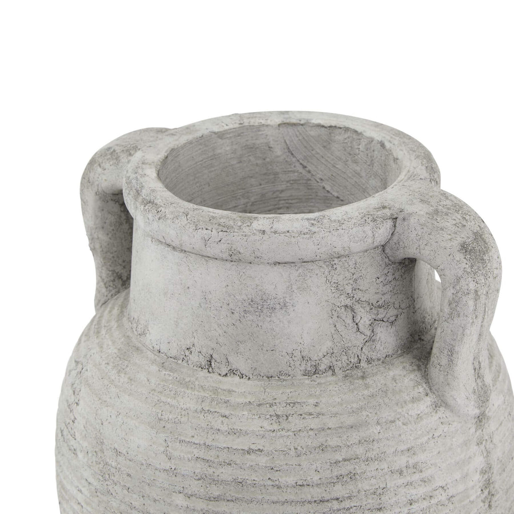Handcrafted Athena stone amphora pot in weathered grey ceramic with ribbed texture, ancient Greek-inspired decor by Sostter at brixbailey.com