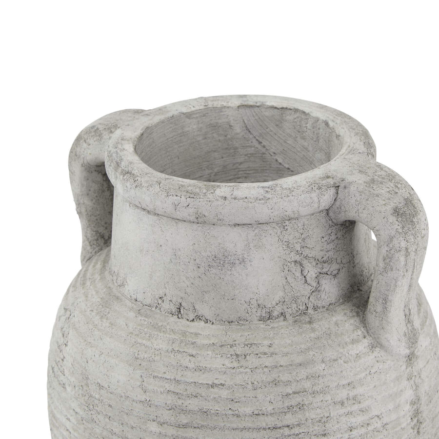 Handcrafted Athena stone amphora pot in weathered grey ceramic with ribbed texture, ancient Greek-inspired decor by Sostter at brixbailey.com