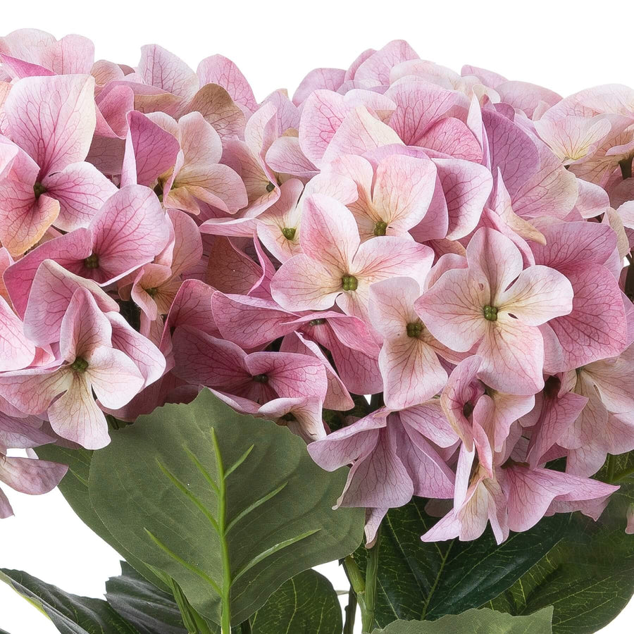Lifelike pink hydrangea bouquet with soft gradient petals, artificial floral arrangement for home decor by Sostter at brixbailey.com