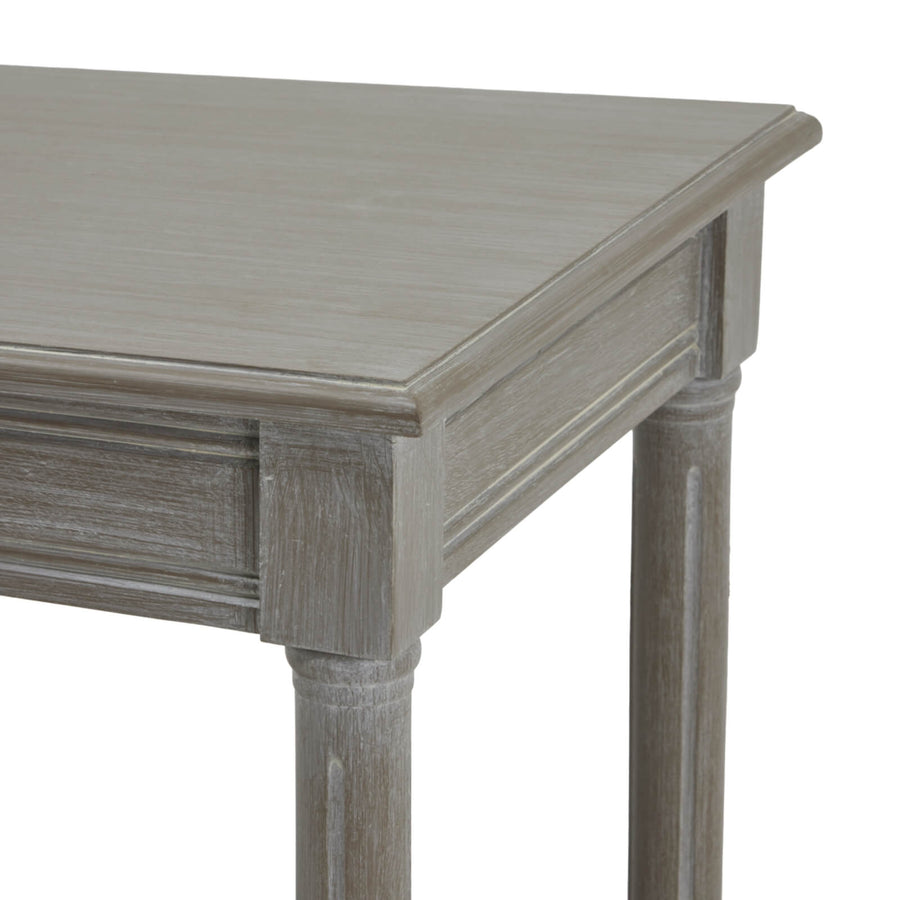 Handwoven rattan side table with tapered legs in soft grey, 60cm height, sustainable wood and modern design by Sostter at brixbailey.com