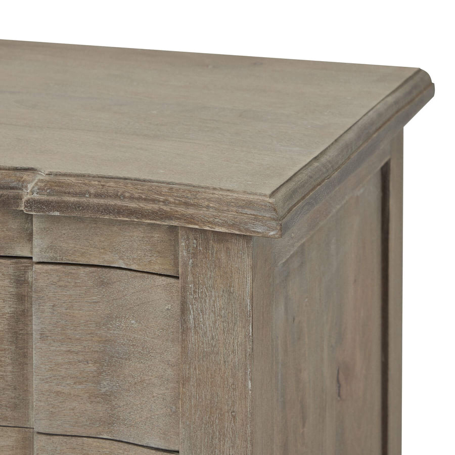 French-inspired bleached hardwood chest of drawers with black iron handles, six spacious drawers, and warm brown finish. by Sostter at brixbailey.com