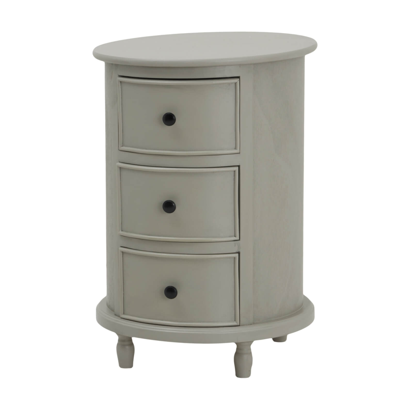 Modern round side table with three hidden drawers, grey solid wood, compact 45cm diameter, perfect for small spaces by Sostter at brixbailey.com