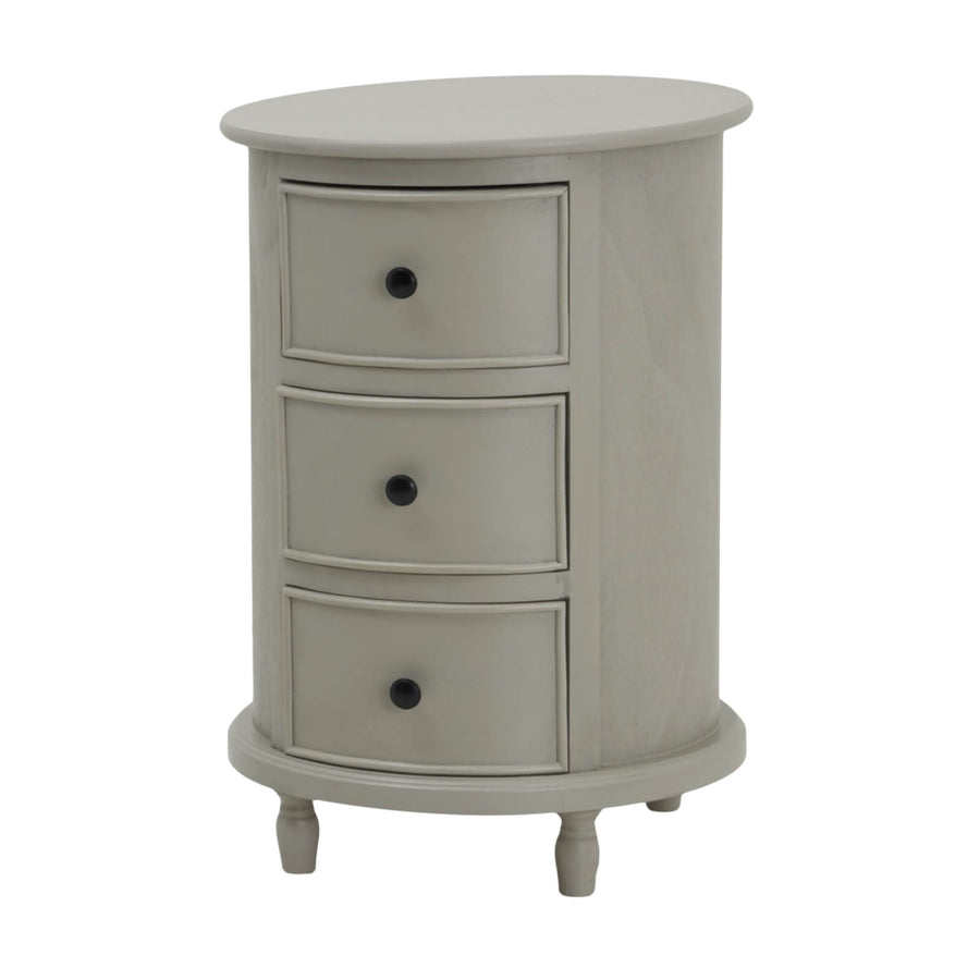 Modern round side table with three hidden drawers, grey solid wood, compact 45cm diameter, perfect for small spaces by Sostter at brixbailey.com